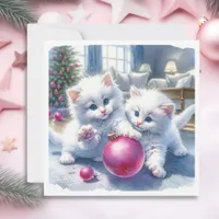 Adorable White Kittens Pink Christmas   Card