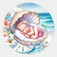 Baby Girl in a Seashell Baby Shower  Classic Round Sticker