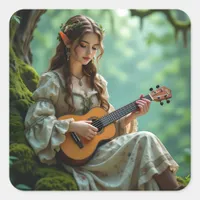 Enchanted  Elven Fairy Playing Ukulele Square Sticker
