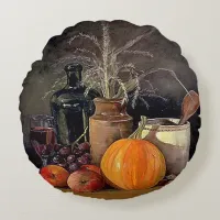 Autumn Decorations on Table, Pumpkin, Fruit, Drink Round Pillow