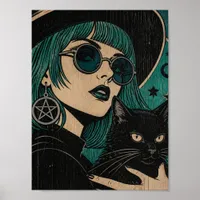 A witch with her black cat Woodblock print