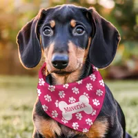 Hot Pink And White Paw Print Dog Bone Custom Name Pet Bandana Collar