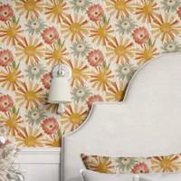 Retro Floral Burst on Beige Wallpaper