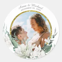 *~* Floral White Flowers Wedding PHOTO Balloon Classic Round Sticker