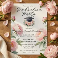 Elegant Blush Pink Peony Floral Graduation Party Invitation