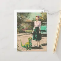 A woman walks her pet tiny Dino Postcard