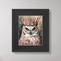 Snowy Owl With a Crown and Pink Flowers Framed Art