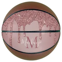 Girly Glam Rose Gold Dripping Glitter Monogram Basketball