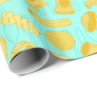 Italian Chef Pasta Shapes Food Pattern Blue Wrapping Paper