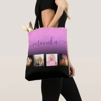 Purple black photo name script tote bag