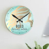 Beauty Salon Name Metallic Gold Aqua Blue Glitter Round Clock