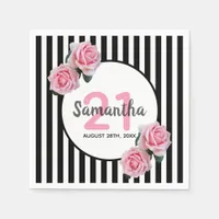 Black white stripes pink florals 21st birthday napkins