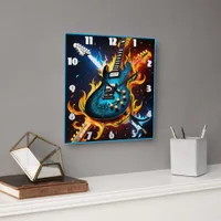 Electric guitars in a fiery musical explosion square wall clock