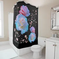 Water Droplets on Pink & Blue Roses on Black | Shower Curtain