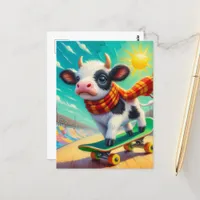 Adorable Mini Cow Skateboarding Postcard