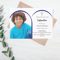 Navy blue photo arch boy cross Confirmation Invitation