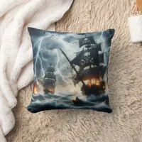 Dramatic Pirate Ship Battle Amid Thunderstorms Throw Pillow