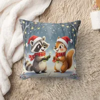 Raccoon and Squirrel Hanging Christmas Lights  Throw Pillow