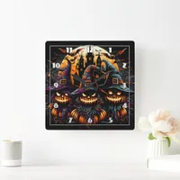 Spooky Halloween scarecrows under a haunted moon Square Wall Clock