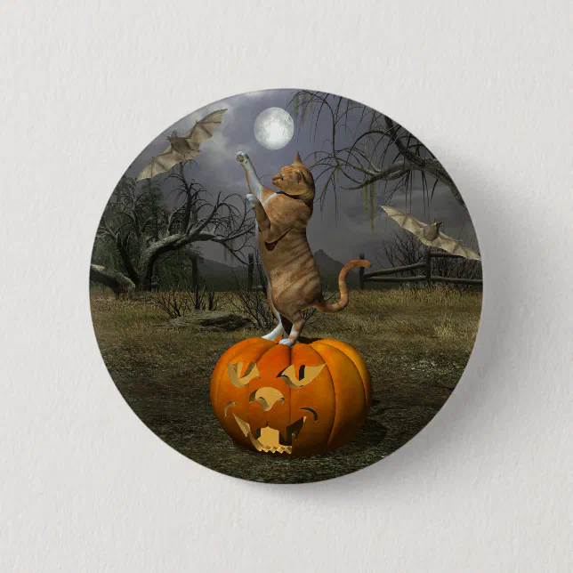 Cute Halloween Orange Cat Batting Bats Pinback Button