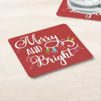 merry and bright holiday lights square paper coaster