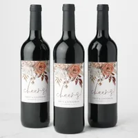 Rustic Florals Cheers Names Brown Writing Wedding Wine Label