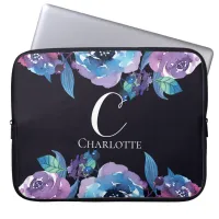 Monogram Dark Blue with Purple and Blue Flowers Laptop Sleeve