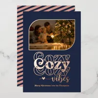 Rose Gold & Navy Cozy Vibes Retro Christmas Photo Foil Holiday Card