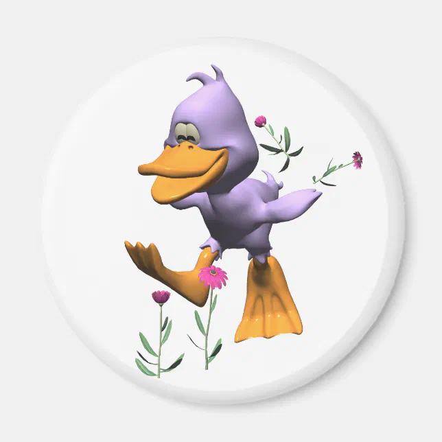 Cute Happy Cartoon Duck Running Through Flowers Magnet