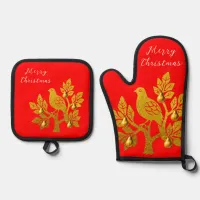 Partridge In A Pear Tree Red Merry Christmas Oven Mitt & Pot Holder Set