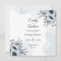 Dusty Blue Spring Floral Watercolor Square Wedding Invitation