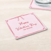 Custom Valentine's Day Party Blush Pink Bow Hearts Square Paper Coaster