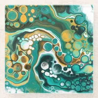 Turquoise, Gold, Marble Fluid Art   Glass Coaster