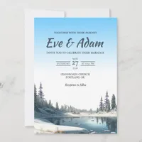 Snowy Lake Pine Rustic Watercolor Winter Wedding Invitation