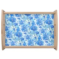 Abstract Watercolor Blue and White Flowers Serving Tray