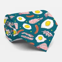 Cool Bacon Egg Sausage Breakfast Food Pattern Blue Neck Tie