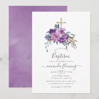 Purple Magnolias and Roses Watercolor Baptism Invitation