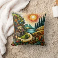 Cozy cottage on a sunny autumn day throw pillow