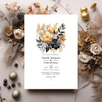 Black, White, Taupe Gold and Shimmery Gold Wedding Invitation