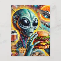 Funky Alien Eats Cheeseburger and Fries Collage Postcard