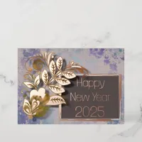 Leaves and flowers for a happy new year gold rose foil invitation