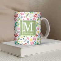 Colorful Bohemian Spring Flowers Green Monogram Coffee Mug