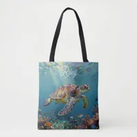 A Sea Turtle and Sun Rays in the Ocean Blue Tote Bag