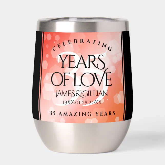 Elegant 35th Coral Wedding Anniversary Celebration Thermal Wine Tumbler