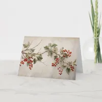 Botanical Green Holly and Red Berries Greeting Card
