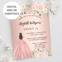 Sweet 16 rose gold flowers dress invitation