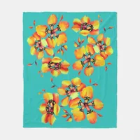 Elegant Orange Flowers - Aqua Fleece Blanket