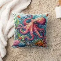 Colorful Mosaic Octopus Among Coral Reef Throw Pillow