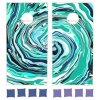 Blue, Teal, Turquoise and White Swirls Marble Art  Cornhole Set
