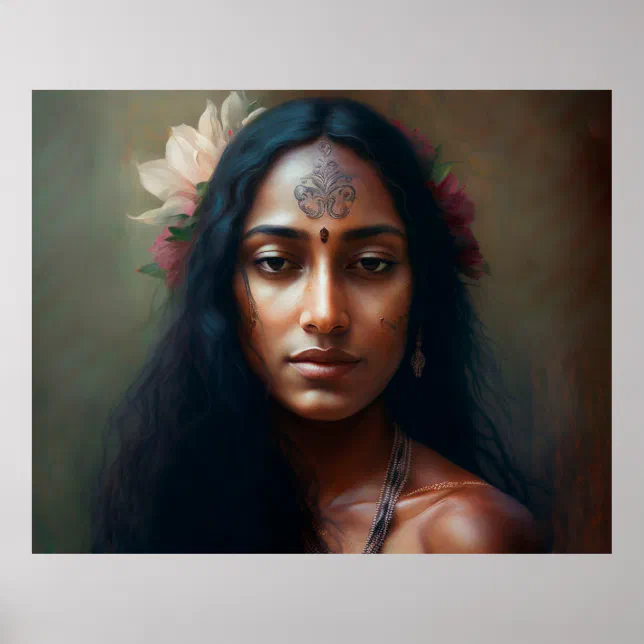 Indian Woman Face Oil Painting Poster